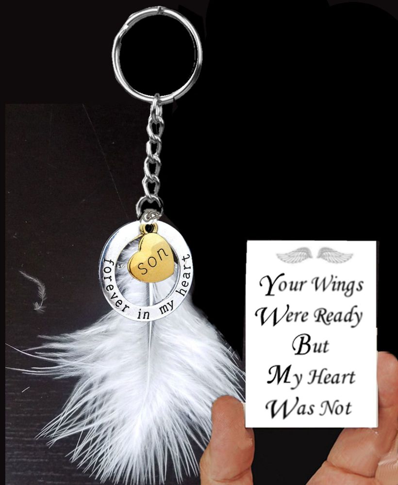 Son Memorial Keyring with Real White Feather