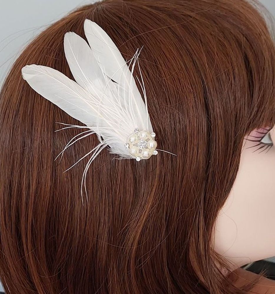Ivory Feather Hair Clip with Feathers, Pearls and Crystals