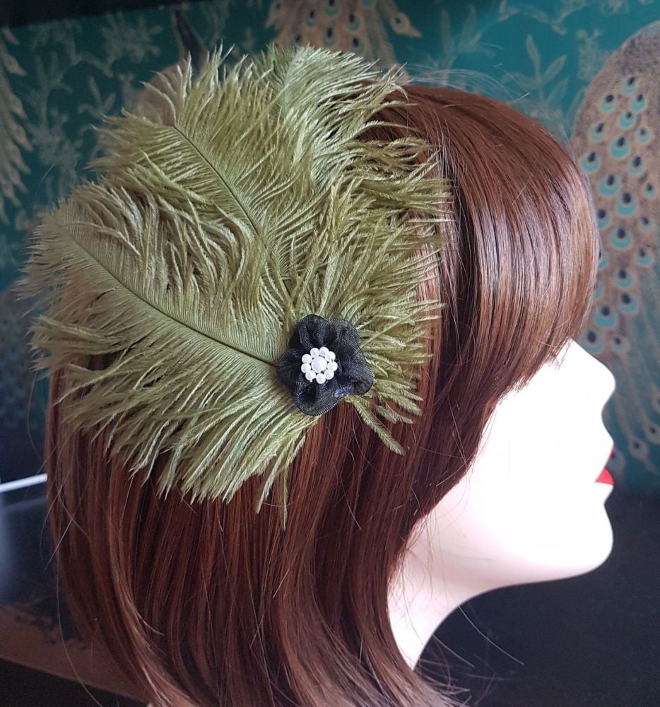 Olive Moss Green Ostrich Feather Headpiece Clip