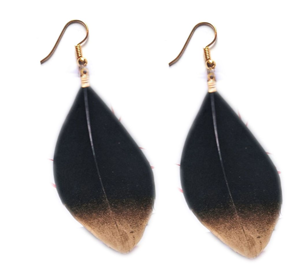 Black with Gold Goose Feather Earrings, Gold Earring Design