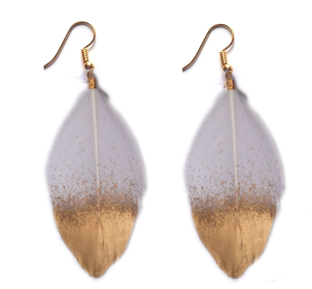 White with Gold Goose Feather Earrings, Gold Earring Design
