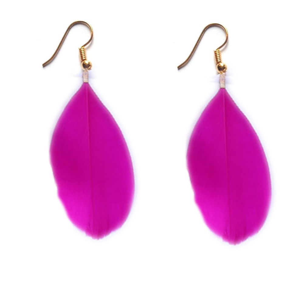 Shocking Pink Goose Feather Earrings with Gold Earring