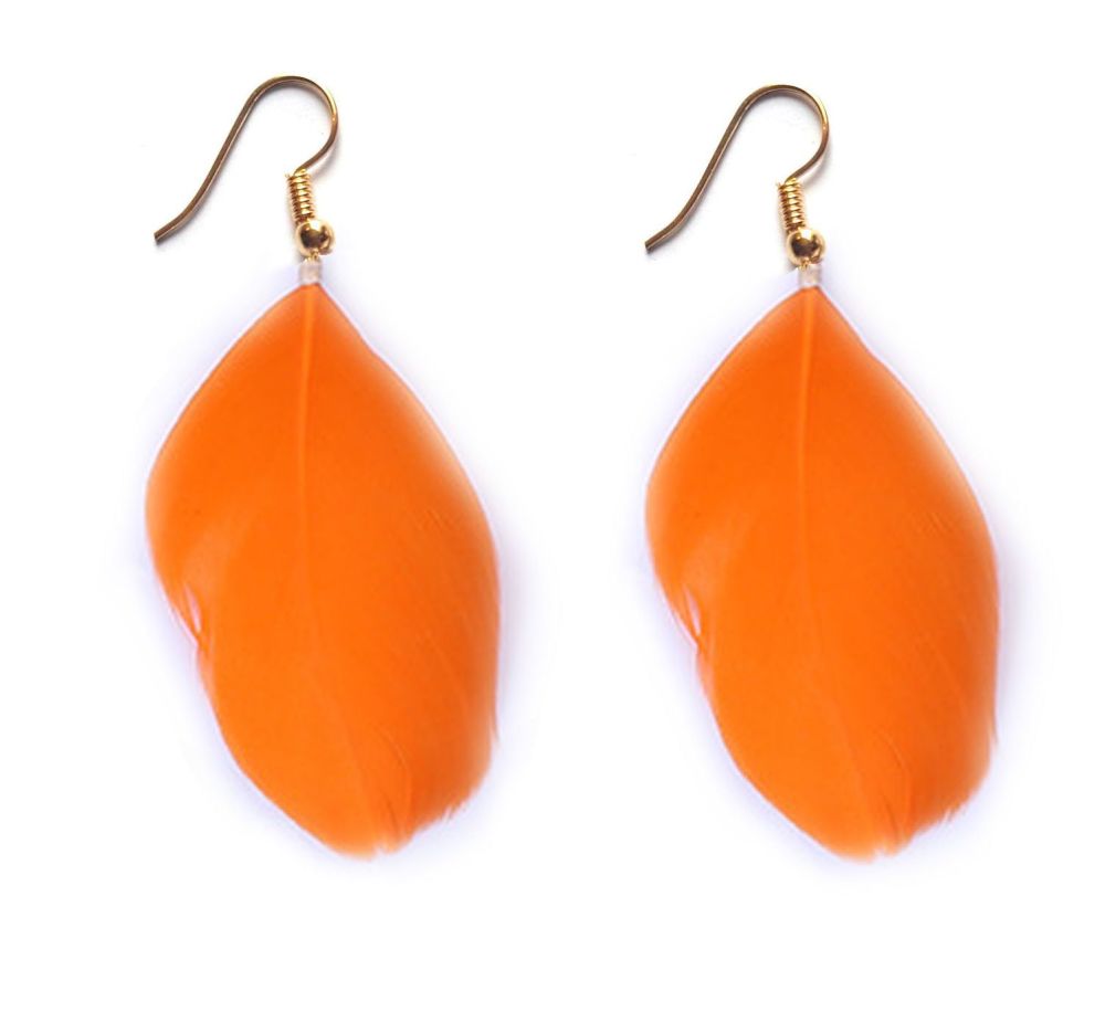 Orange Goose Feather Earrings with Gold Earring