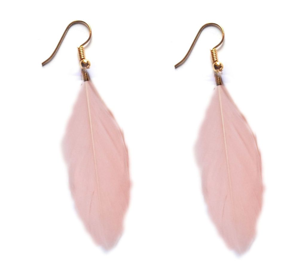 Pink Peach Goose Feather Earrings with Gold Earring