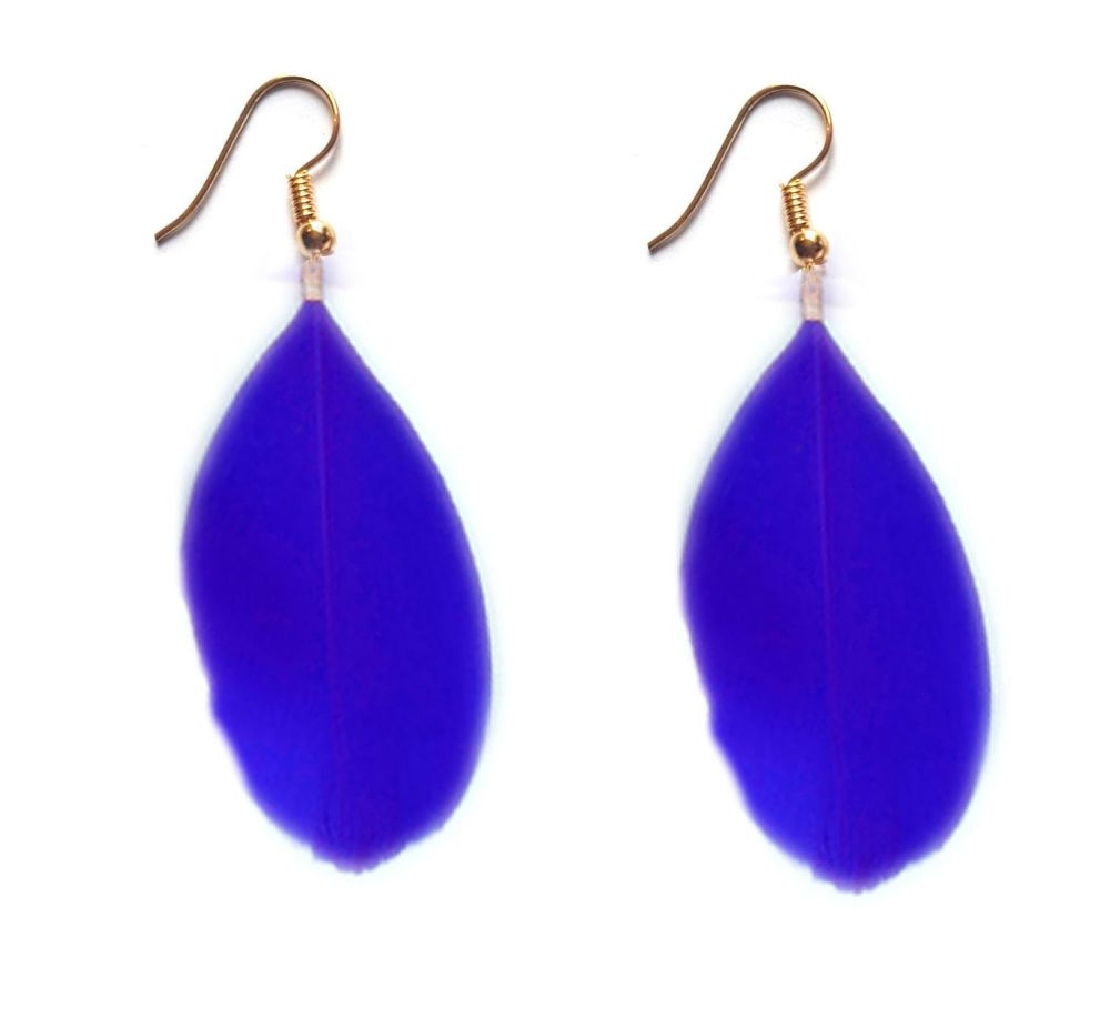Royal Blue Goose Feather Earrings with Gold Earring