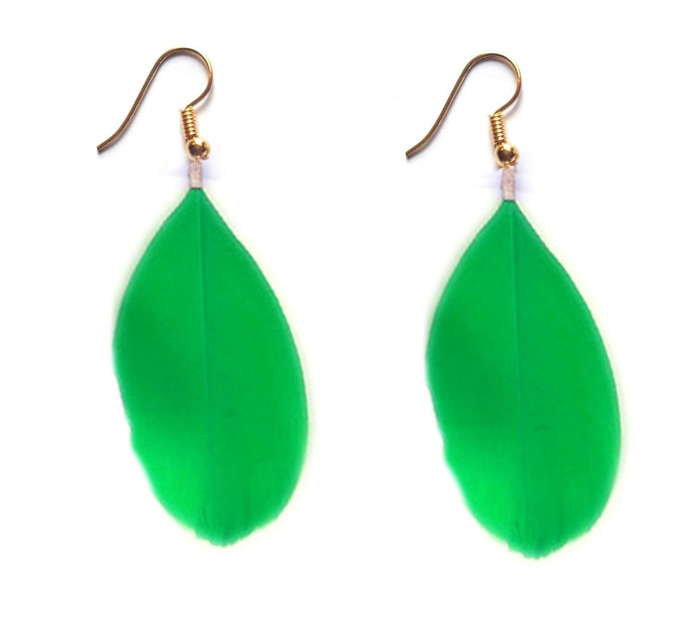 Green Goose Feather Earrings with Gold Earring