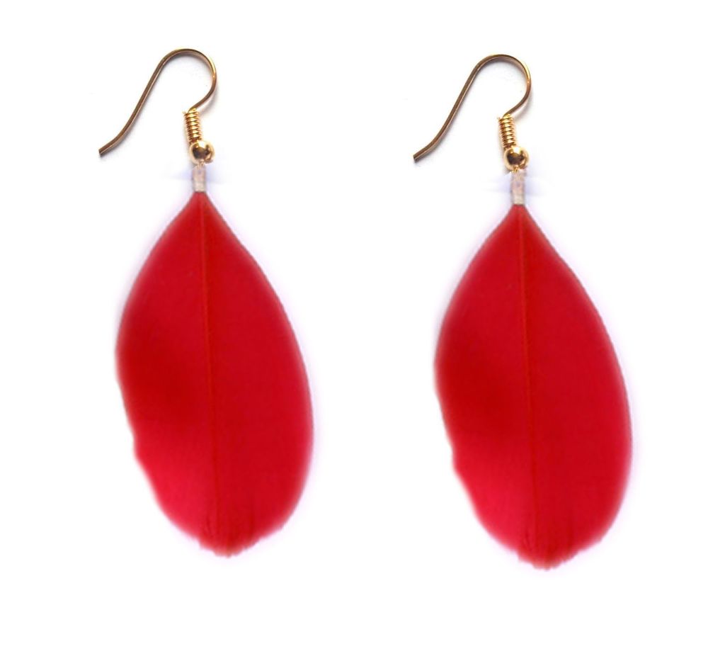Red Goose Feather Earrings with Gold Earring