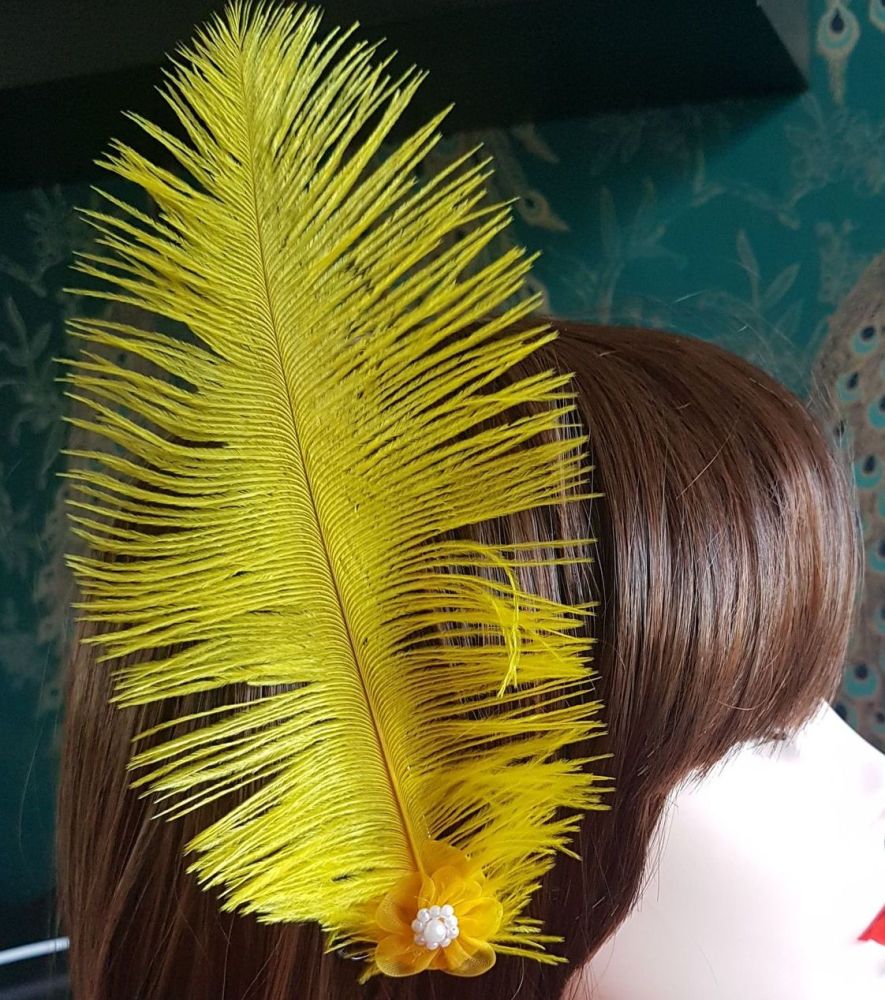 Yellow Ostrich Feather Hair Piece, Clip Style