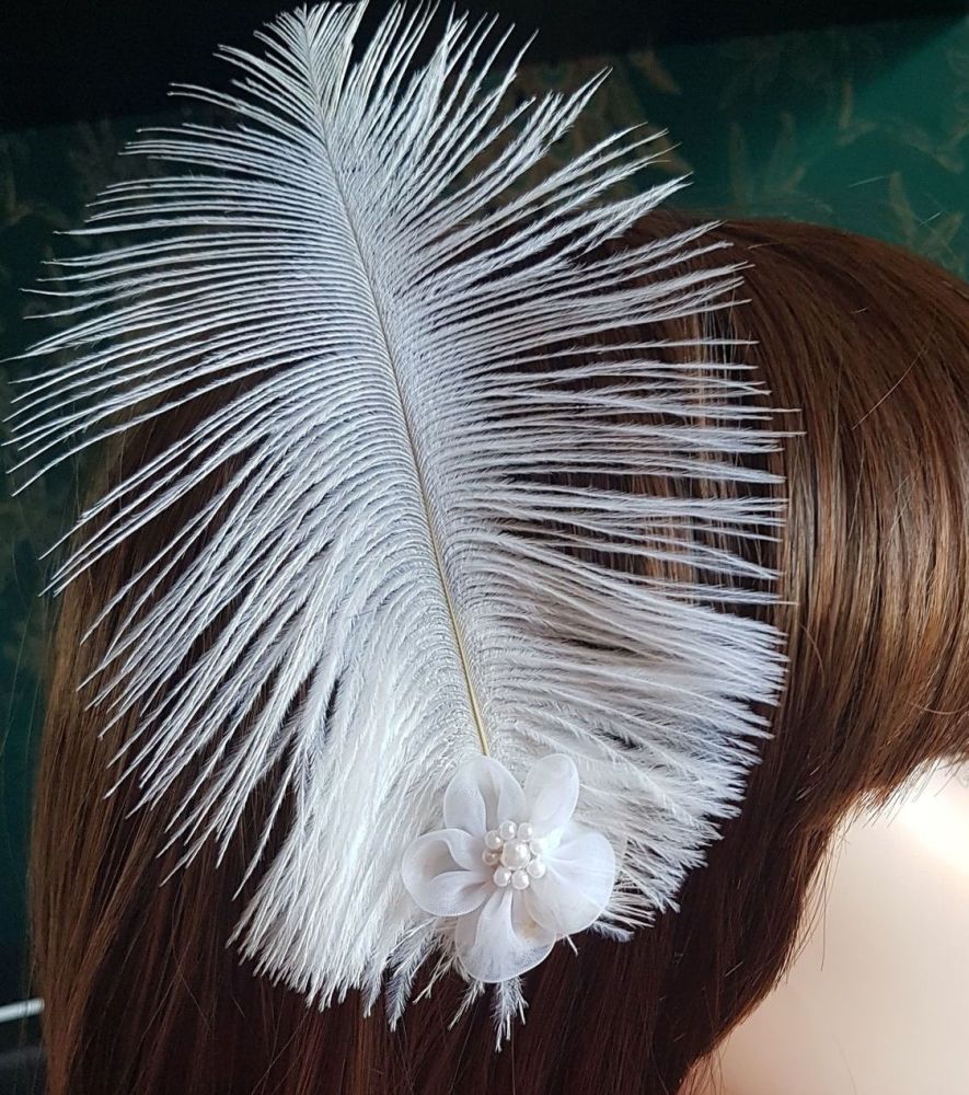 White Ostrich Feather Hair Piece, Clip Style
