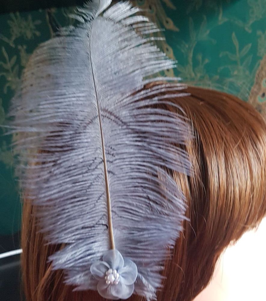 Silver Ostrich Feather Hair Piece, Clip Style