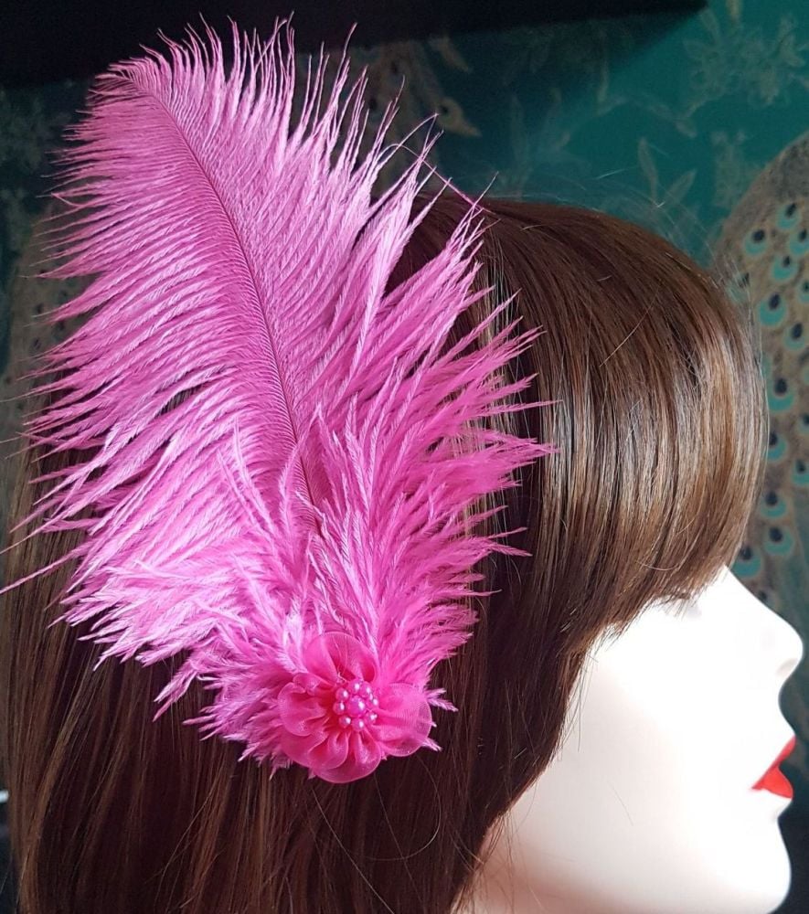 Pink Ostrich Feather Hair Piece, Clip Style