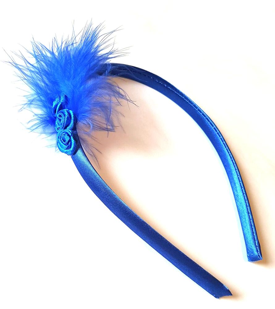 Royal Blue Feather Headband with Rose Bud Detail