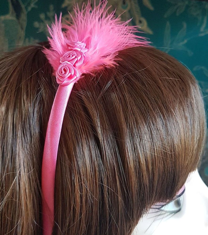 Pink Feather Headband with Rose Bud Detail