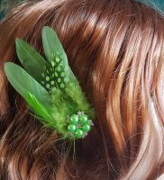 Olive Moss Green Feather Hair Clip with Feathers, Pearls and Crystals