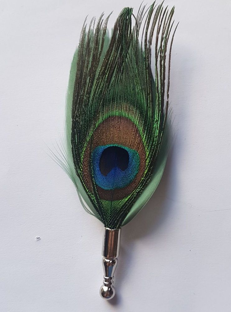 Feather Boutonnière Buttonhole - Peacock and Olive Green Feathers