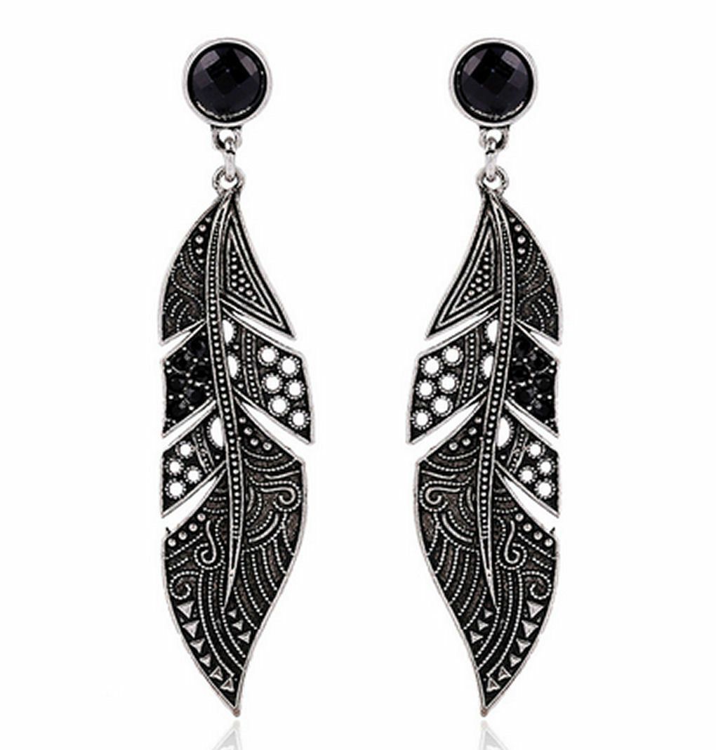 Silver Black Feather Antique Earrings