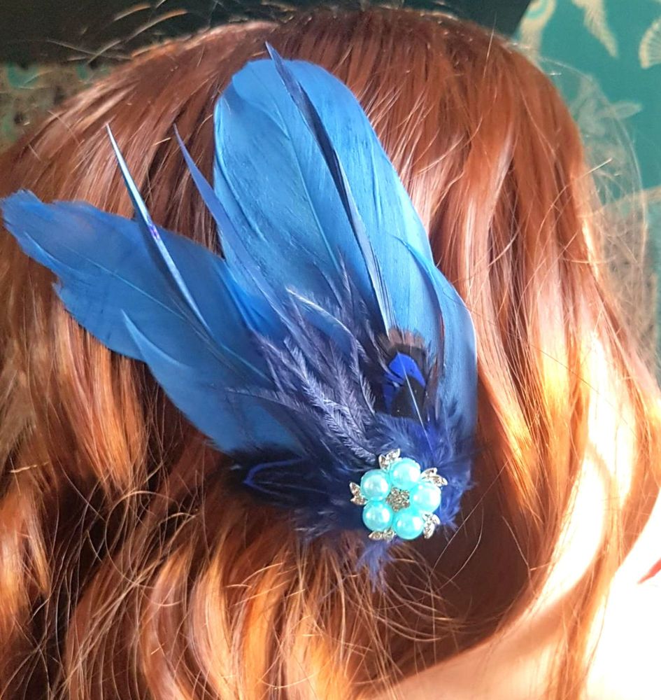 Blue and Dark Blue Feather Hair Clip