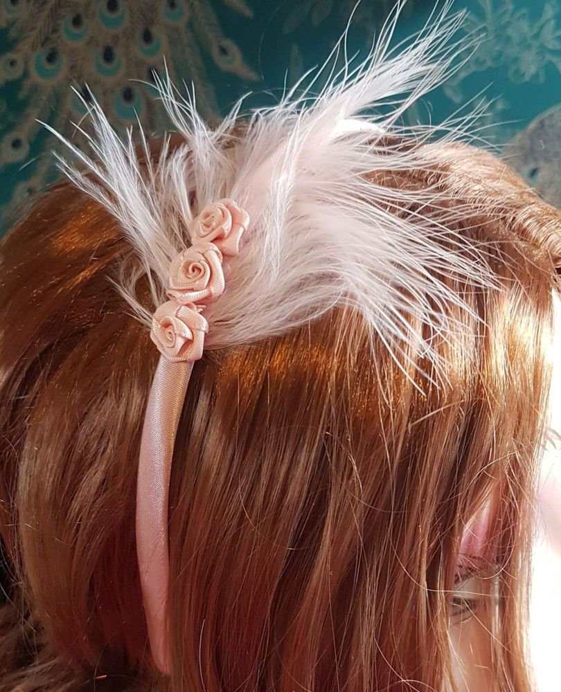 Dusky Pink Feather Headband with Rose Bud Detail