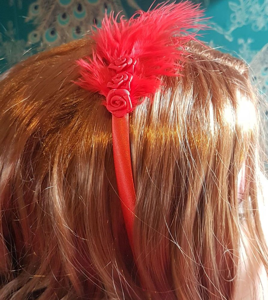 Red Feather Headband with Rose Bud Detail