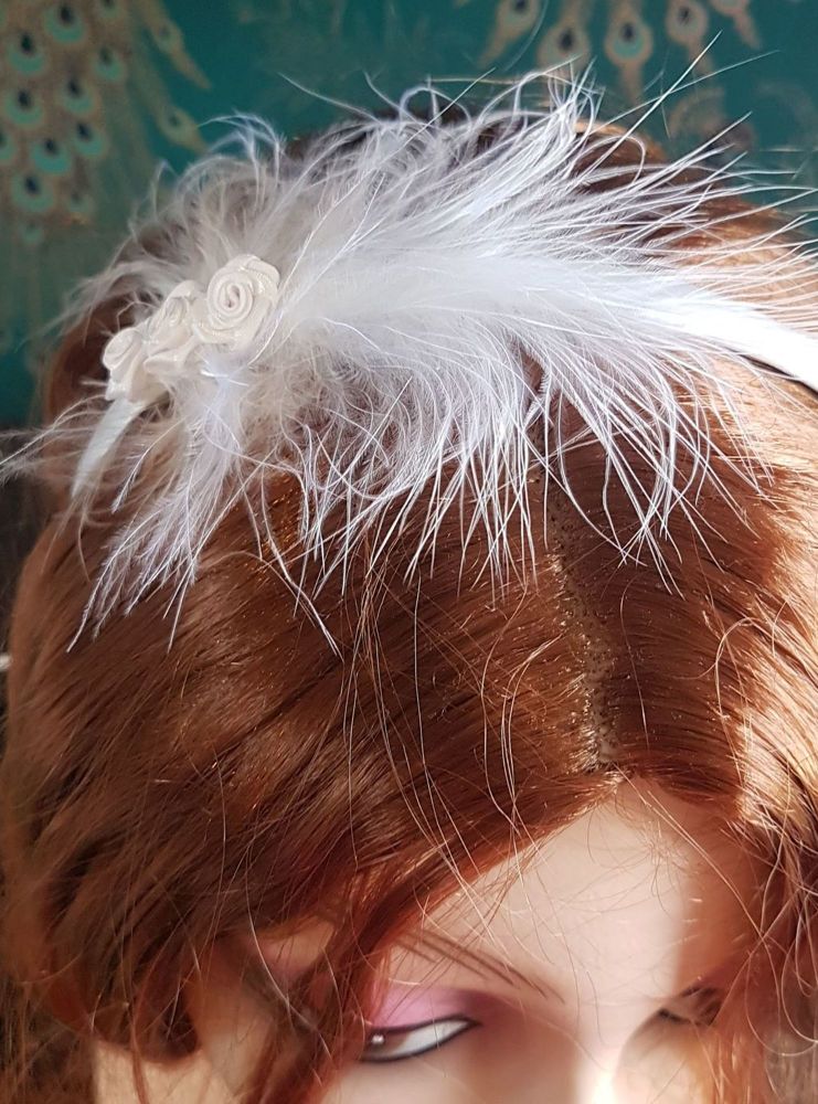 White Feather Headband with Rose Bud Detail