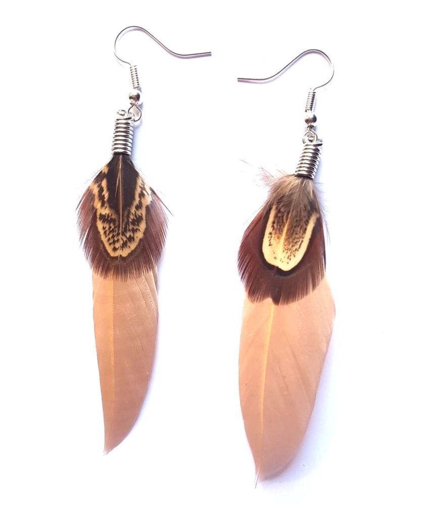 Beige Feather Earrings with Decorative Pheasant Feather