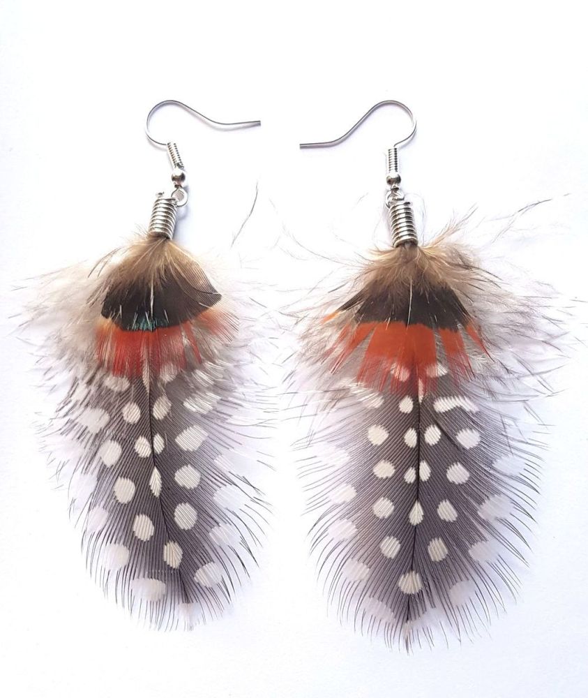 Feather Earrings - Guinea and Pheasant Red Top