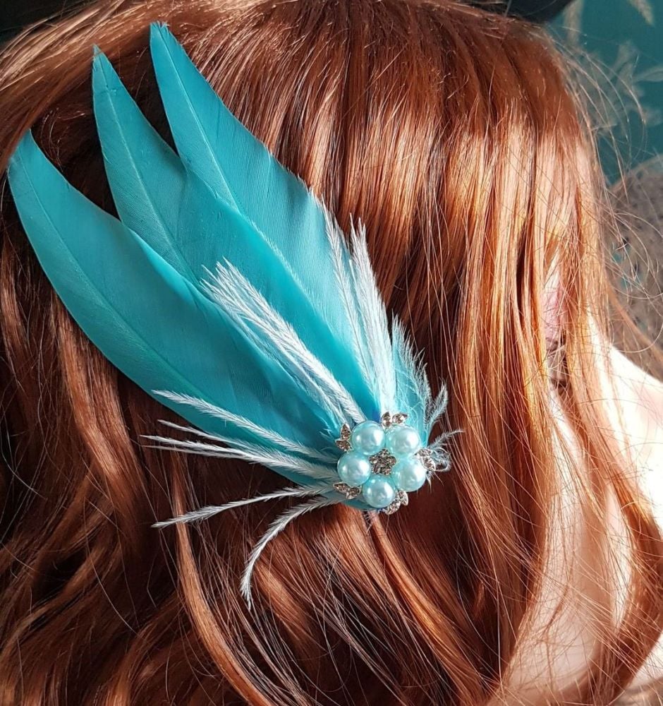 Turquoise Feather Hair Clip, Pointed
