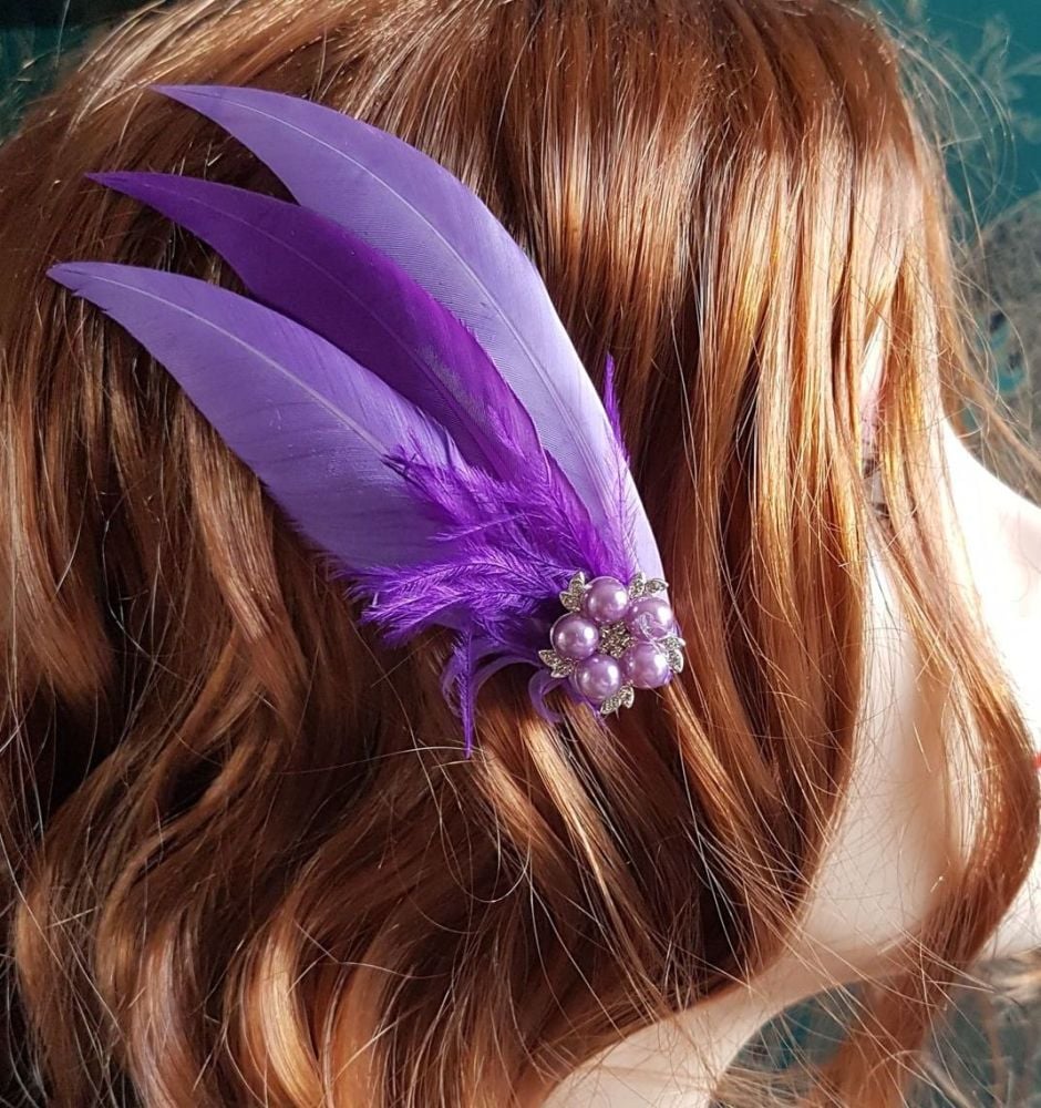 Purple and Lilac Feather Hair Clip, Pointed