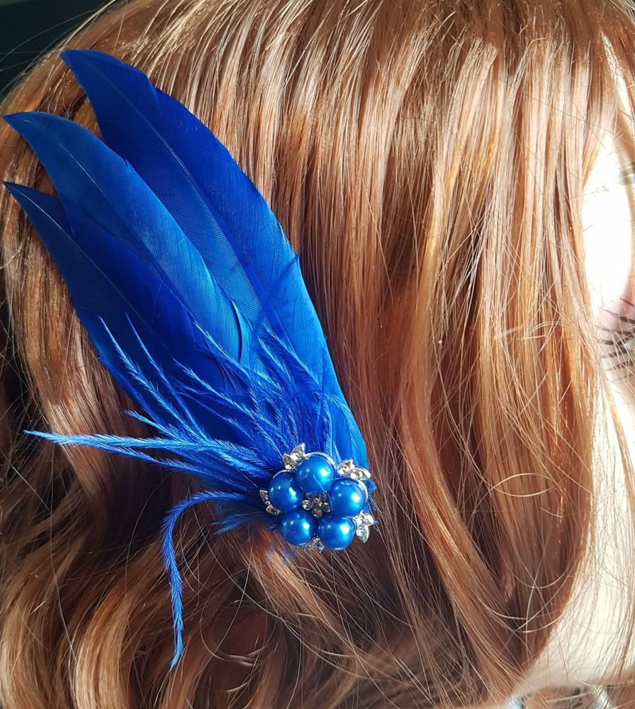 Royal Blue Feather Hair Clip, Pointed