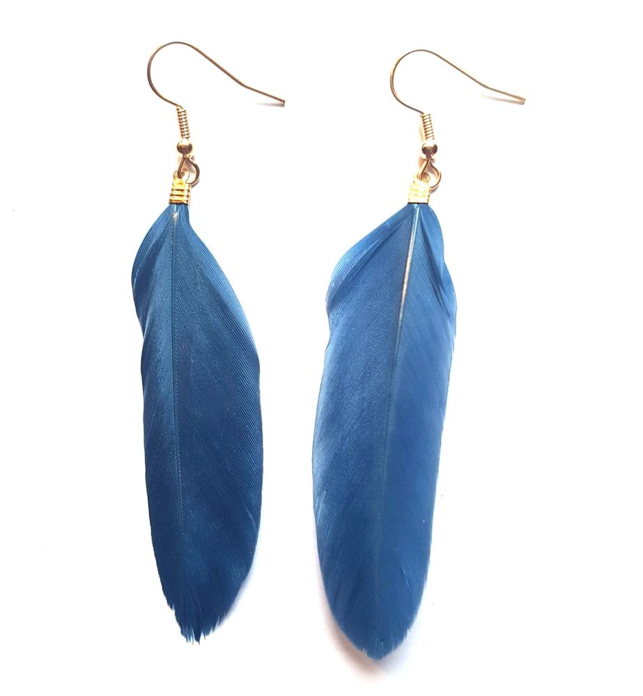 Dusky Dark Blue and Gold Goose Feather Earrings
