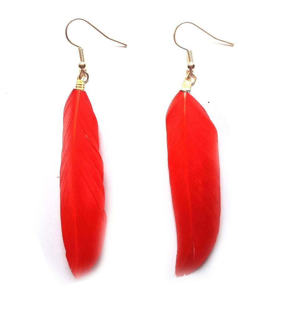 Red and Gold Goose Feather Earrings