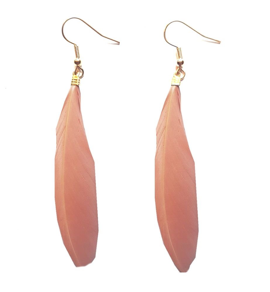 Peach and Gold Goose Feather Earrings