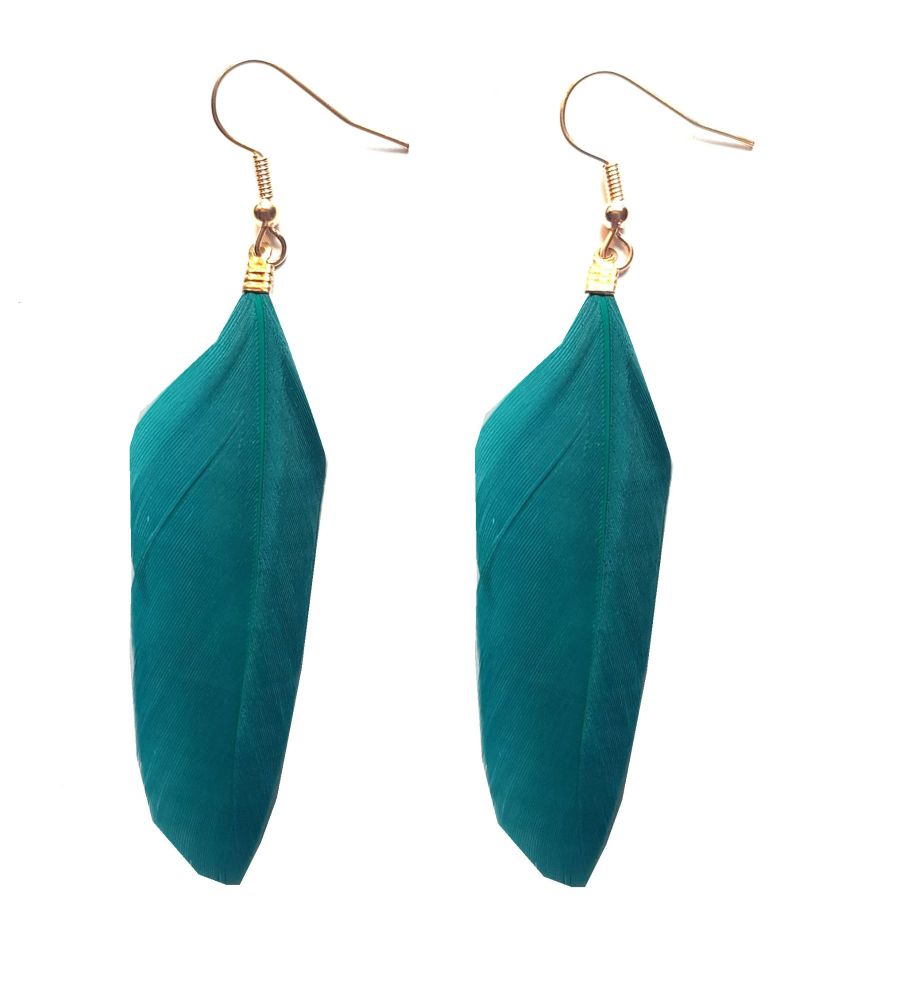 Dark Green and Gold Goose Feather Earrings