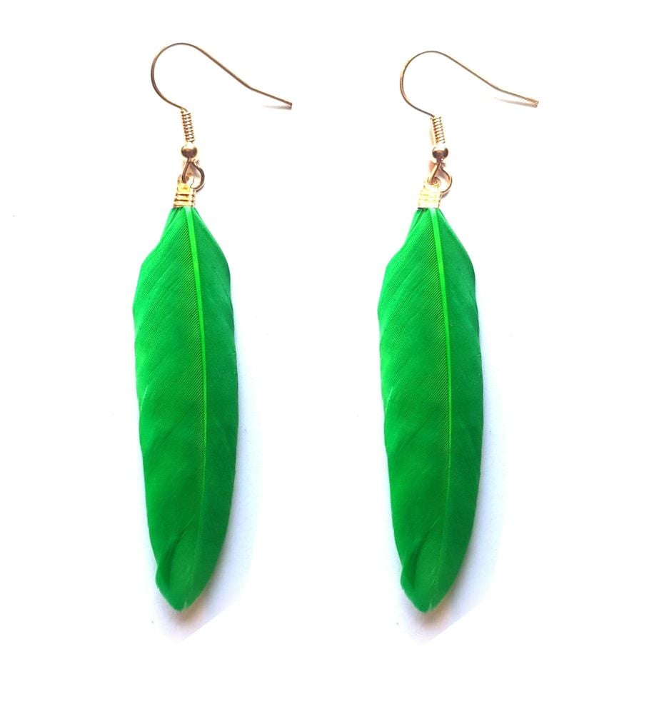 Green and Gold Goose Feather Earrings