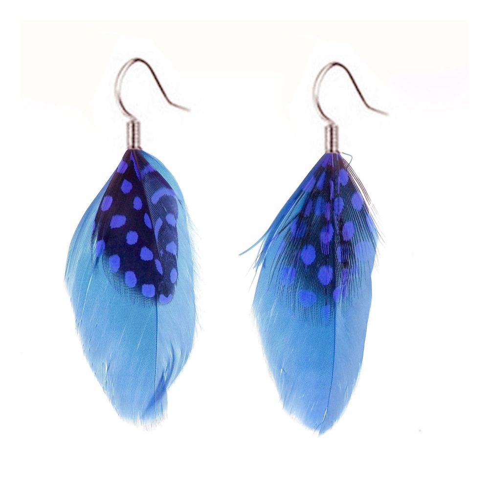 Blue Feather Earrings with Guinea Feathers
