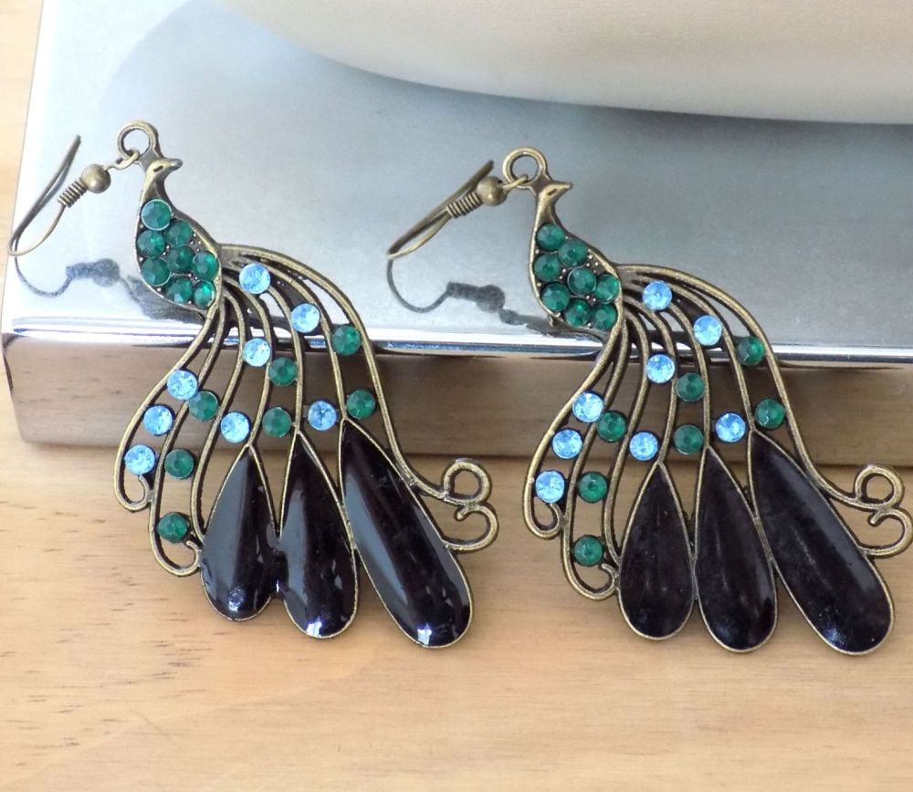 Peacock Earrings in Bronze, Blue, Green and Black