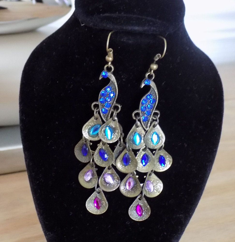 Peacock Earrings in Bronze and Muti Colour Gems