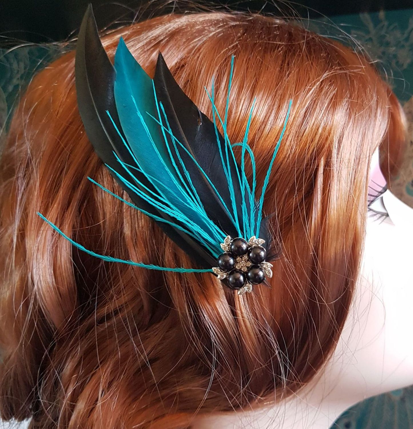Classic Turquoise & Cream Feather Hair Clip - Vera Black
