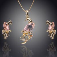 Peacock Necklace and Earrings Jewellery Set - Pink Crystal and Gold