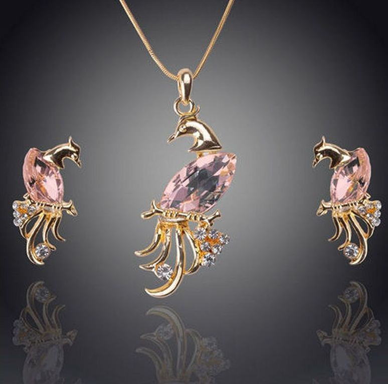 Peacock Necklace and Earrings Jewellery Set - Pink Crystal and Gold