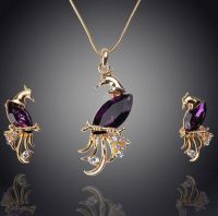 Peacock Necklace and Earrings Jewellery Set - Purple Crystal and Gold