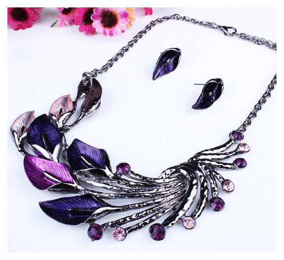 Necklace and Earrings Jewellery Set - Peacock Feather Design in Purple and 