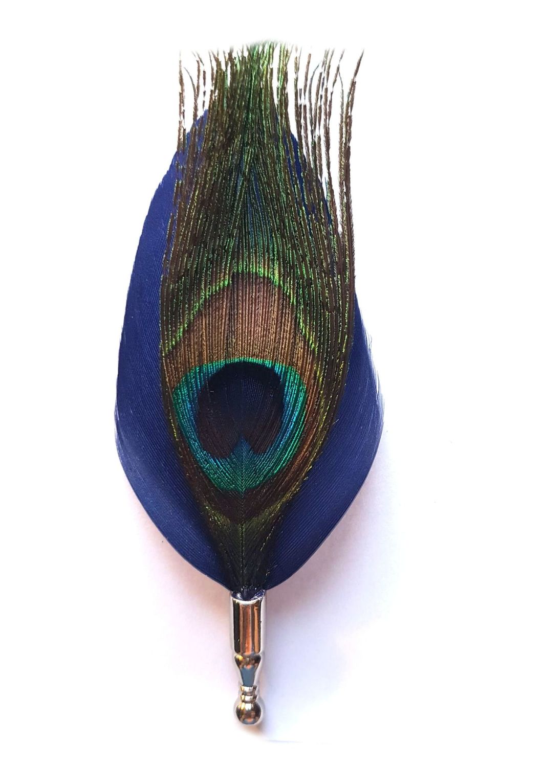 Feather Boutonnière Buttonhole - Peacock and Navy Blue Feathers