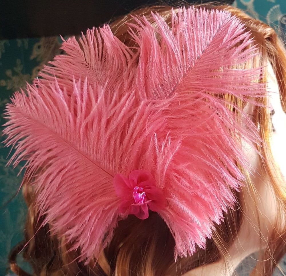Strawberry Pink Ostrich Feather Headpiece Clip