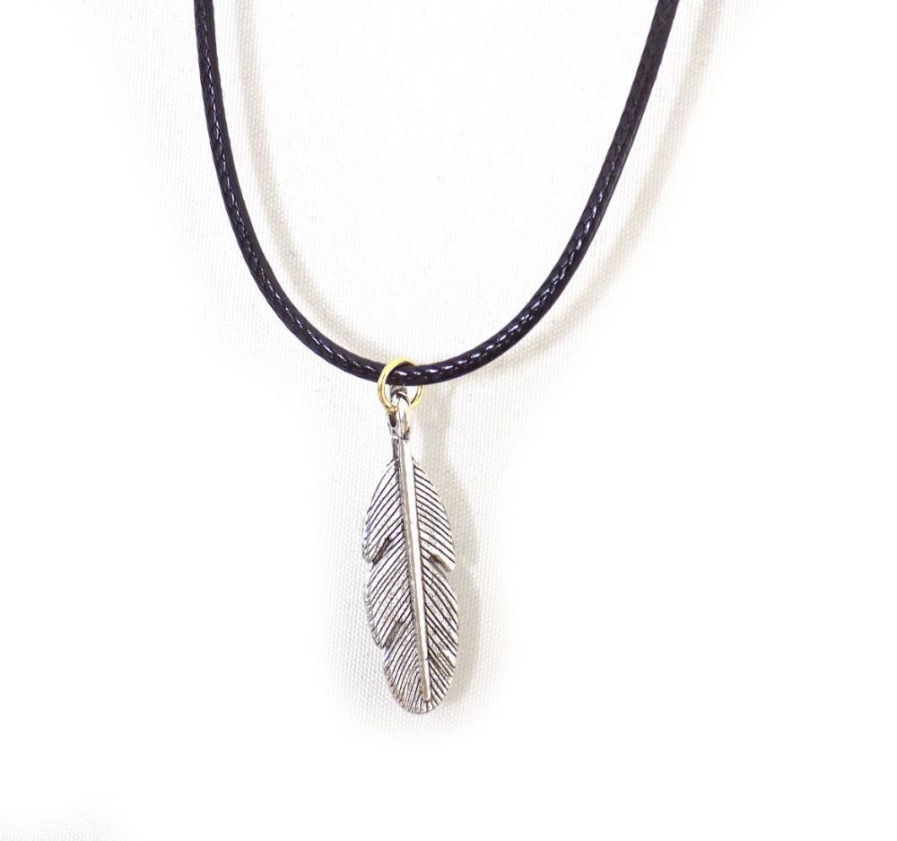Feather Pendant Necklace - Unisex. Black Cord and Silver Charm
