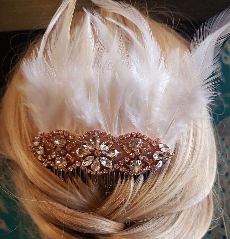 Feather Hair Comb with White Feathers, Crystal and Rose Gold Embellishment