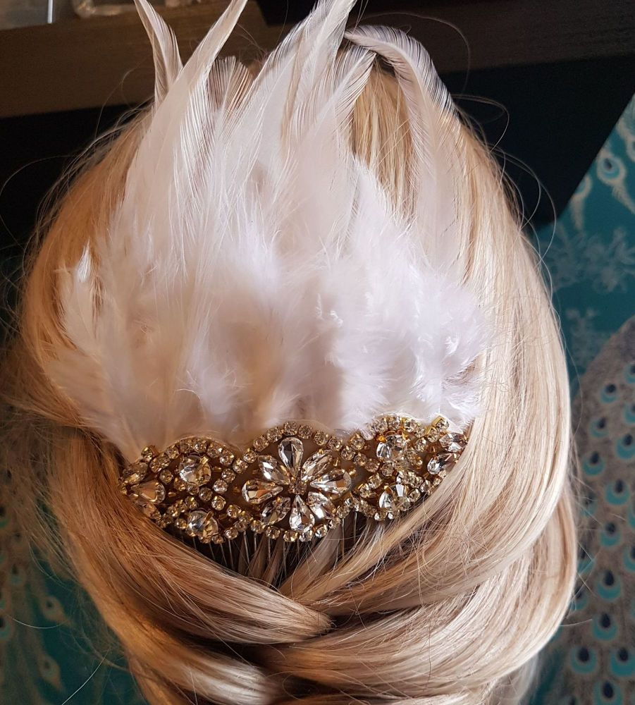 Feather Hair Comb with White Feathers, Crystal and Gold Embellishment