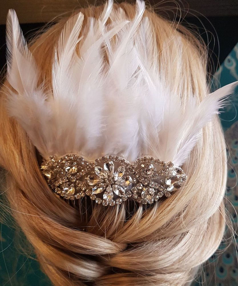 Feather Hair Comb with White Feathers, Crystal and Silver Embellishment