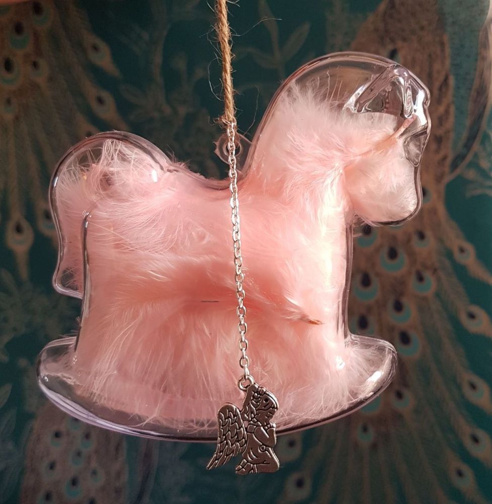 Baby Pink Feather Rocking Horse Bauble with Praying Angel Charm
