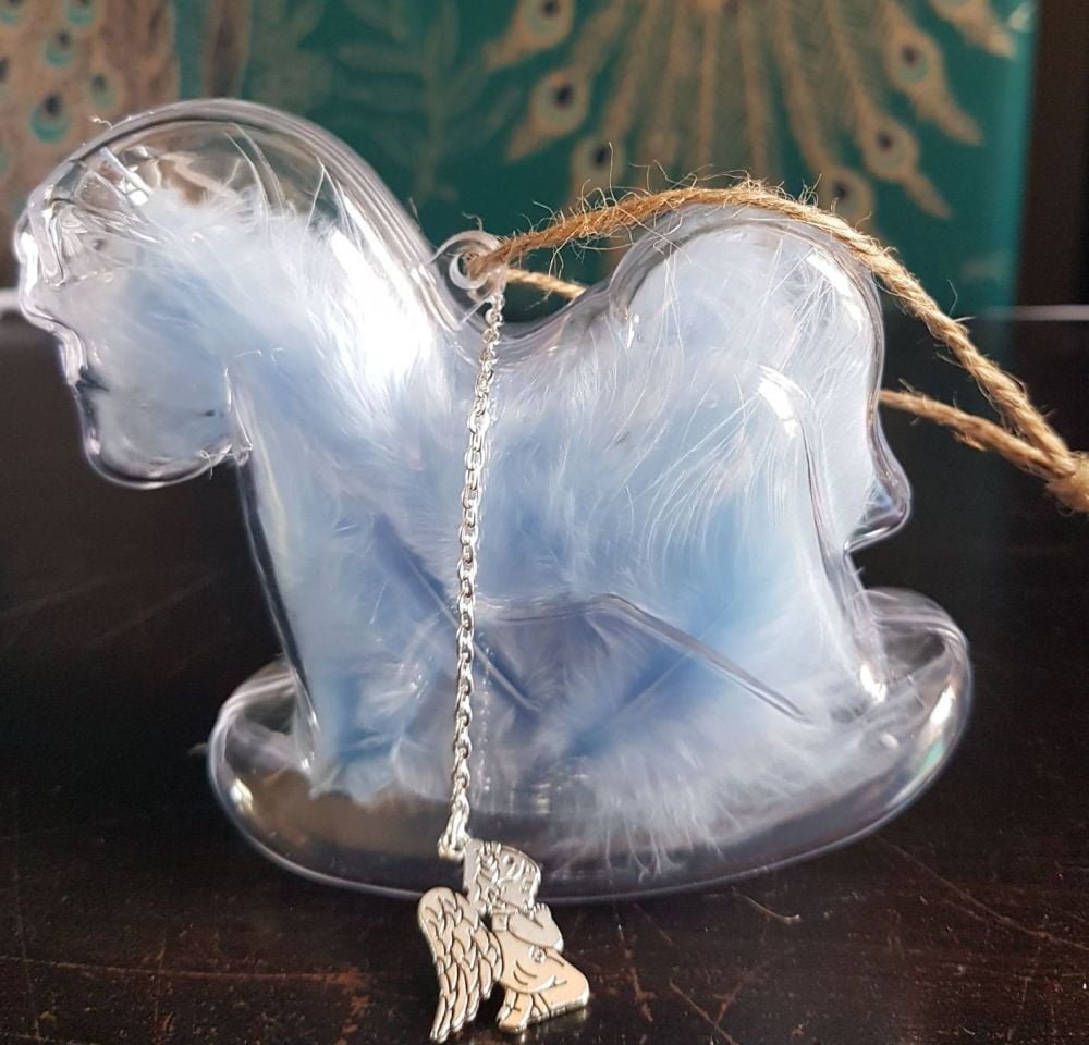 Baby Blue Feather Rocking Horse Bauble with Praying Angel Charm